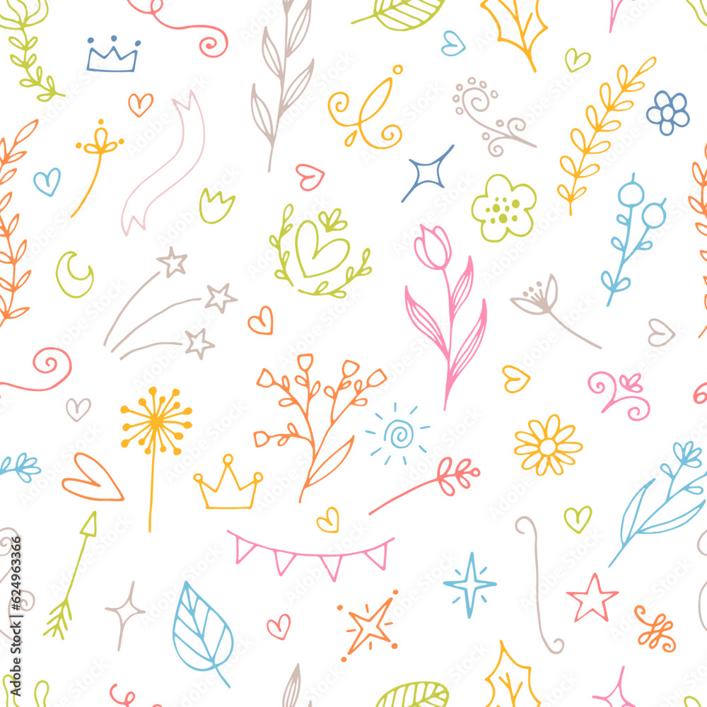 Fototapeta premium Hand drawn floral seamless pattern. Abstract background. Flower design elements. Great for fabric, textile, wallpaper