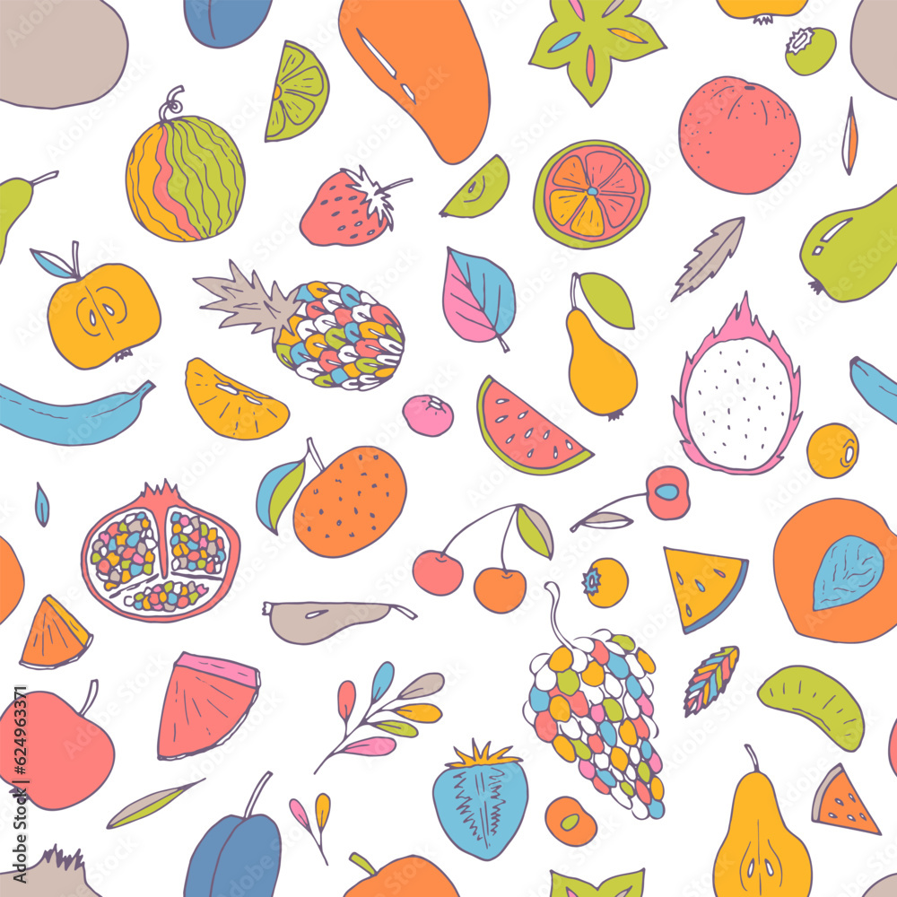 Cute hand drawn seamless pattern with summer fruits and berries. Healthy food background. Trendy textile print Cute hand drawn seamless pattern with summer fruits and berries. Healthy food background. Trendy textile print