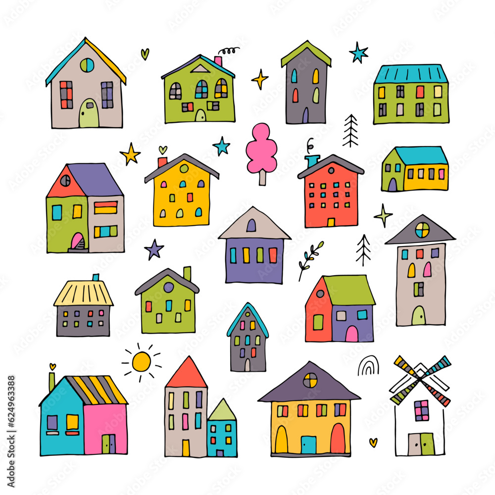 Set of cute hand drawn houses. Collection of sketched buildings. Doodle style