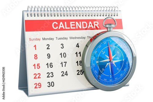 Compass with desk calendar. Travel Calendar concept, 3D rendering