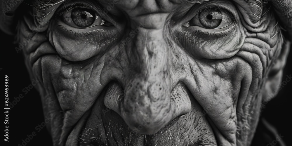 Tender elderly man eyes black and white close up shot. Generative AI Tender elderly man eyes black and white close up shot. Generative AI