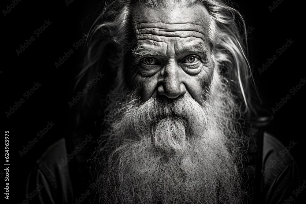 Bearded senior man black and white portrait. Generative AI