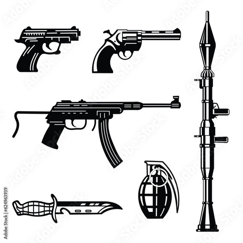 Weapon, gun, knife, rifle, machine gun, short gun, hand grenade black and white art illustration vector design