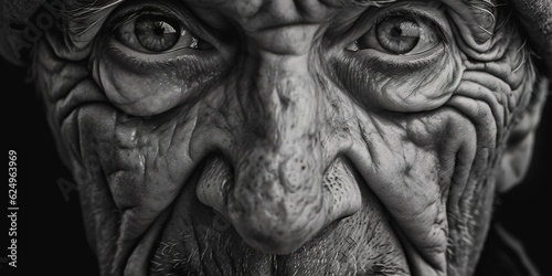 Tender elderly man eyes black and white close up shot. Generative AI