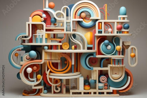 A very colorful abstract sculpture made of wood. Generative AI.