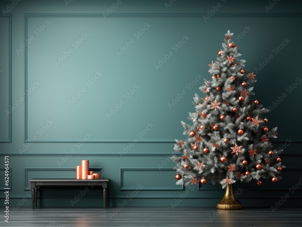 Fototapeta premium A christmas tree in a room with a bench. Generative AI.