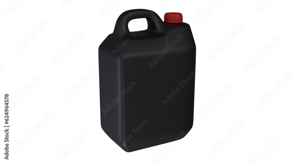 Black plastic jerrycan or canister with red lid isolated on white and transparent background. Minimal concept. 3D render Black plastic jerrycan or canister with red lid isolated on white and transparent background. Minimal concept. 3D render