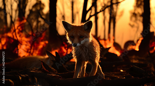 A small fox standing in the middle of a forest. Generative AI. Wild animals escape forest fire.