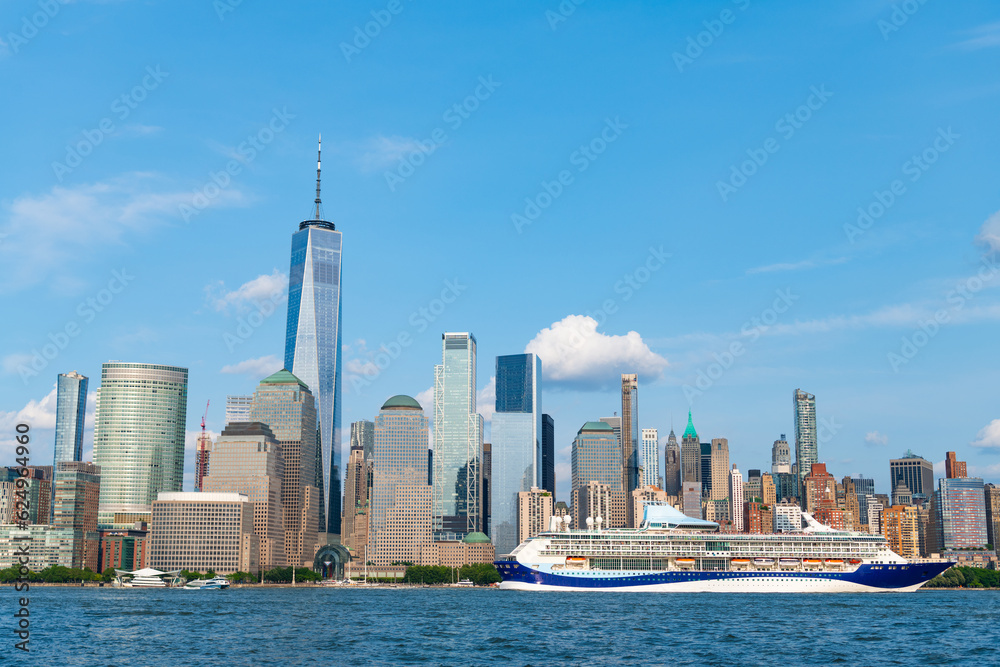 Cruise ship Marella Discovery Manhattan in New York. Skyline of New York Manhattan cruising on the Hudson River cruise liner