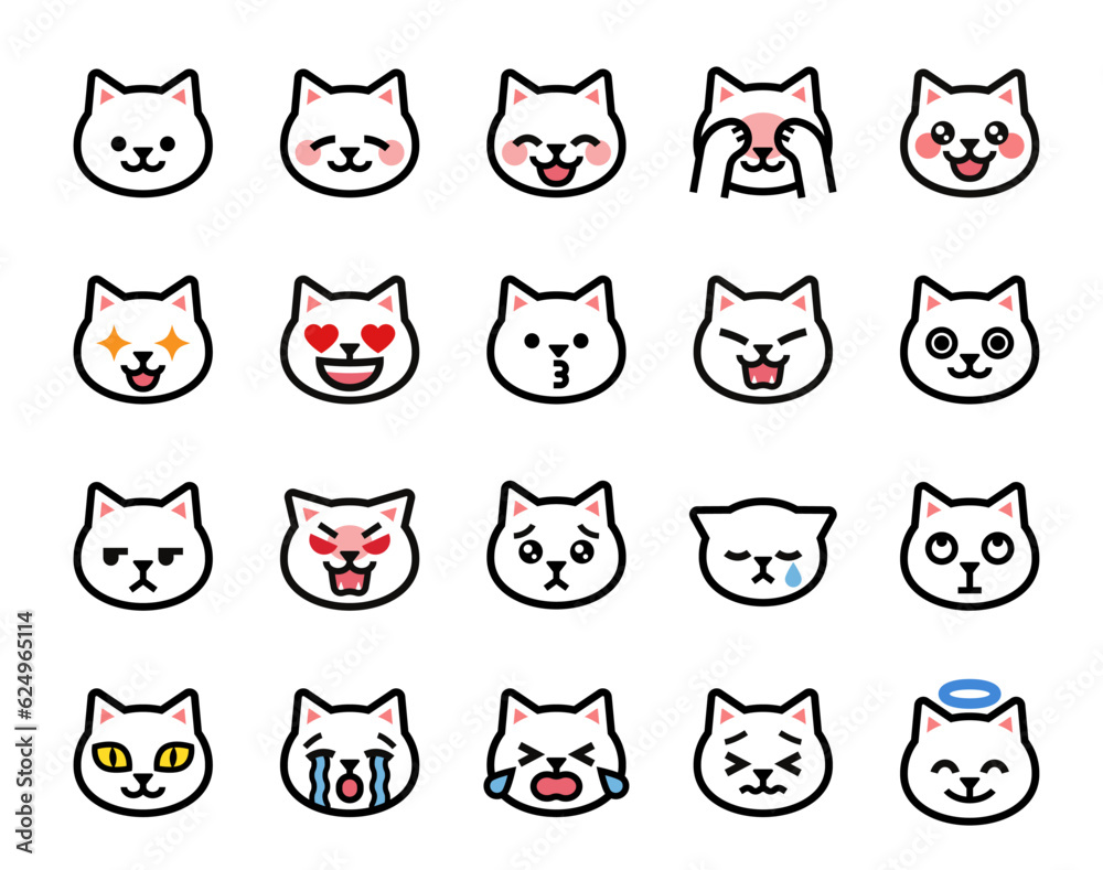 いろんな表情がかわいい猫の顔絵文字ベクターアイコンセット
