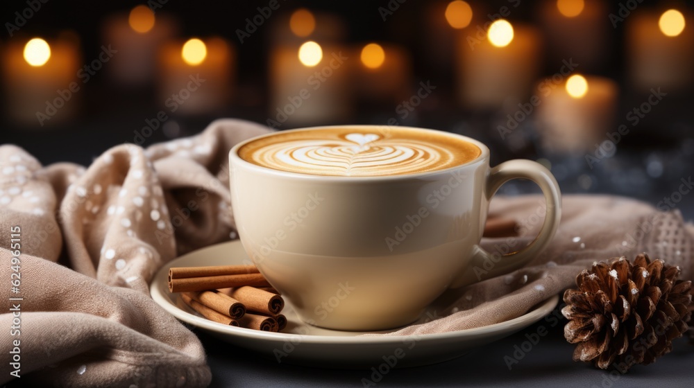 A cup of coffee on a plate with cinnamons. Generative AI. A cup of coffee on a plate with cinnamons. Generative AI.