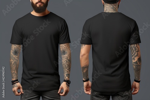 T-shirt mockup. Black blank t-shirt front and back views. male clothes wearing clear attractive apparel tshirt models template | Generative AI
