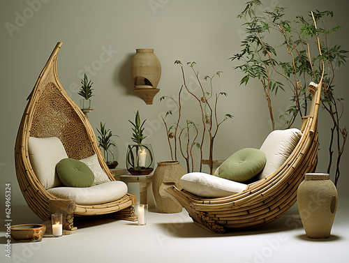 mobili in bambù, arredamento ecosostenibile e naturale, sdraio in bambù con cuscini bianchi photo