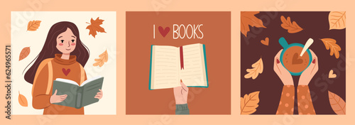 Cute vector autumn illustrations with tea, book, comfort, leaves