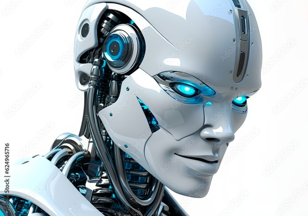 Futuristic android robot or cyborg on the white background. Artificial intelligence. AI generated. Futuristic android robot or cyborg on the white background. Artificial intelligence. AI generated.
