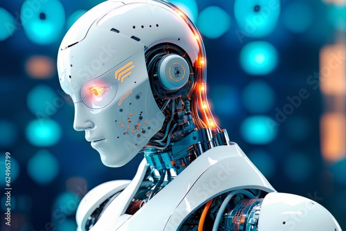 Futuristic android robot or cyborg on the background of the city. Artificial intelligence. AI generated.