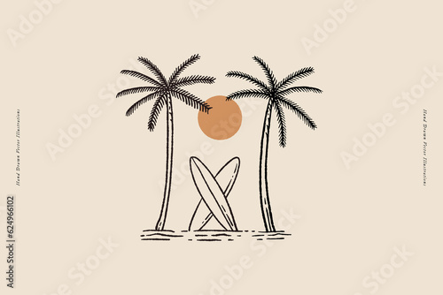 Two surfboards between palm trees against the backdrop of the hot sun. Stylish design for poster print, postcard in linear style. Minimalistic illustration on a light isolated background.