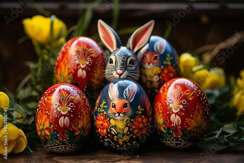 painted eggs with bunny rabbit in ester day | Generative AI