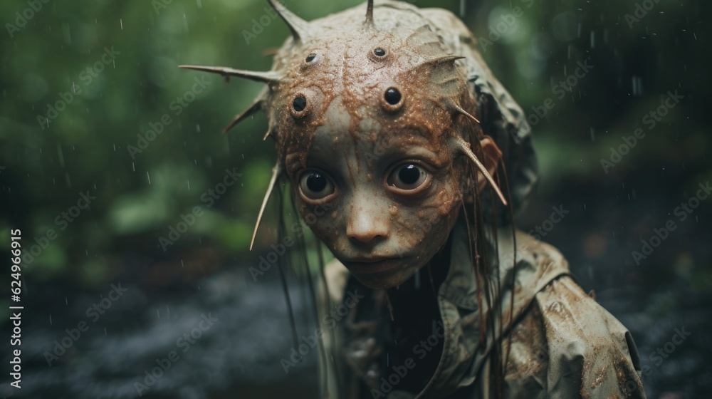 Enigmatic Shadows: Creepy Creature in the Rainy Jungle, Monsterous Ghost Alien Generative AI