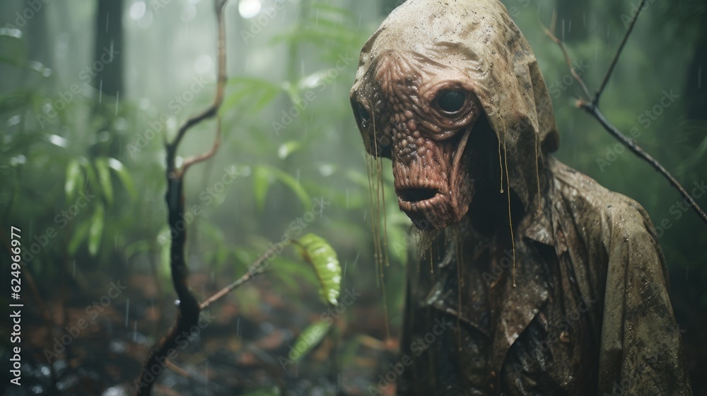 Enigmatic Shadows: Creepy Creature in the Rainy Jungle, Monsterous Ghost Alien Generative AI Enigmatic Shadows: Creepy Creature in the Rainy Jungle, Monsterous Ghost Alien Generative AI