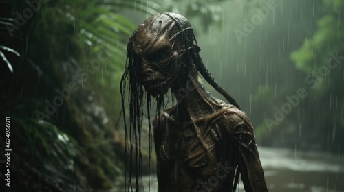 Enigmatic Shadows: Creepy Creature in the Rainy Jungle, Monsterous Ghost Alien Generative AI