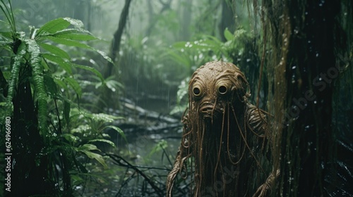 Enigmatic Shadows: Creepy Creature in the Rainy Jungle, Monsterous Ghost Alien Generative AI