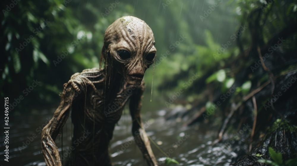 Enigmatic Shadows: Creepy Creature in the Rainy Jungle, Monsterous Ghost Alien Generative AI Enigmatic Shadows: Creepy Creature in the Rainy Jungle, Monsterous Ghost Alien Generative AI