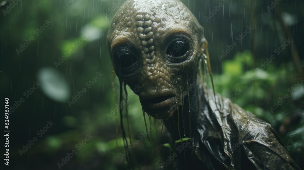 Enigmatic Shadows: Creepy Creature in the Rainy Jungle, Monsterous Ghost Alien Generative AI