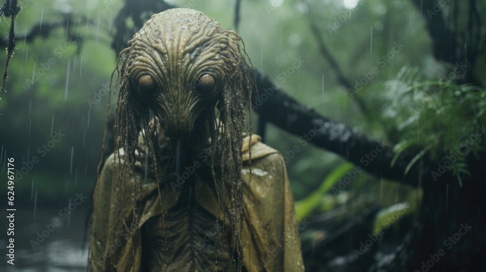 Enigmatic Shadows: Creepy Creature in the Rainy Jungle, Monsterous Ghost Alien Generative AI Enigmatic Shadows: Creepy Creature in the Rainy Jungle, Monsterous Ghost Alien Generative AI
