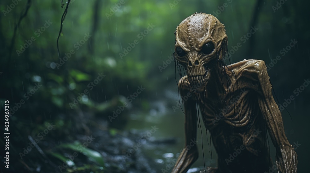 Enigmatic Shadows: Creepy Creature in the Rainy Jungle, Monsterous Ghost Alien Generative AI Enigmatic Shadows: Creepy Creature in the Rainy Jungle, Monsterous Ghost Alien Generative AI