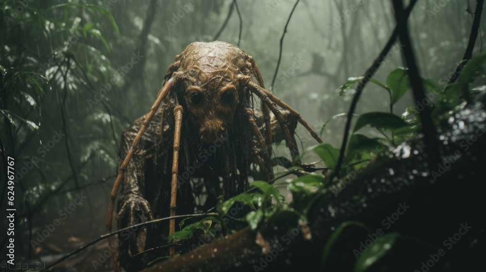 Enigmatic Shadows: Creepy Creature in the Rainy Jungle, Monsterous Ghost Alien Generative AI