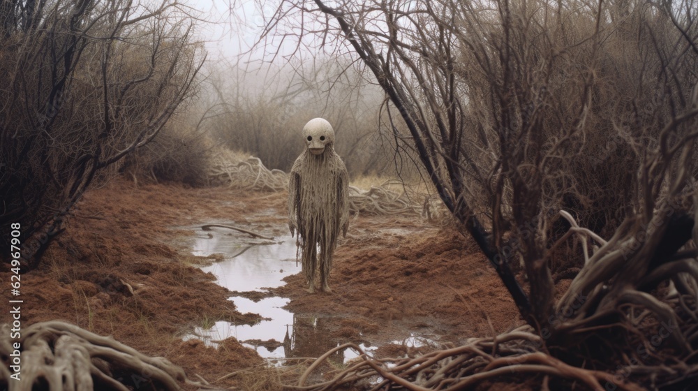 Obraz premium Enigmatic Shadows: Creepy Creature in the Rainy Jungle, Monsterous Ghost Alien Generative AI