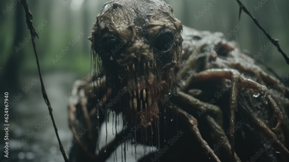Enigmatic Shadows: Creepy Creature in the Rainy Jungle, Monsterous Ghost Alien Generative AI Enigmatic Shadows: Creepy Creature in the Rainy Jungle, Monsterous Ghost Alien Generative AI