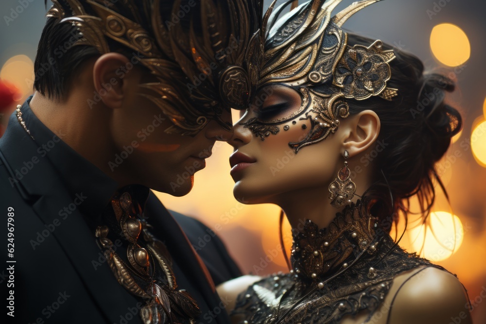 Elegant couple wearing glamour masks at a masquerade ball, evoking the mysterious and sensual atmosphere. Generative Ai - obrazy, fototapety, plakaty 