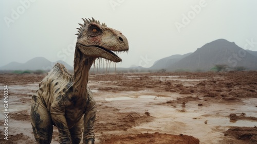 Desert Enigma  Creepy Dinosaur in the Rainy Desert Captured in a Photograph Generative AI