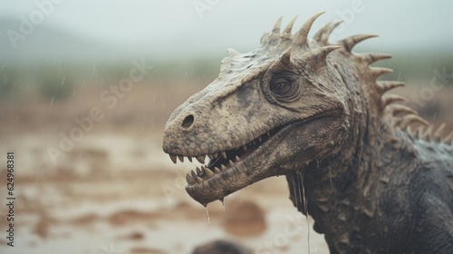 Desert Enigma: Creepy Dinosaur in the Rainy Desert Captured in a Photograph Generative AI © Ecleposs