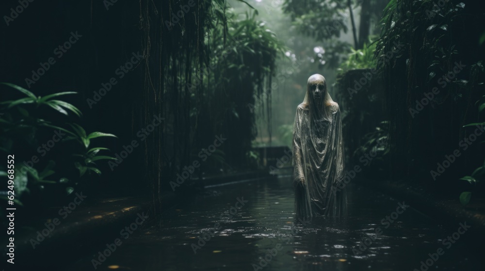 Phantom Veil: Creepy Ghost in the Rainy Jungle Captured in a Photograph Generative AI Phantom Veil: Creepy Ghost in the Rainy Jungle Captured in a Photograph Generative AI