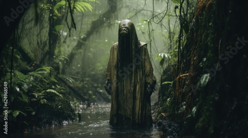 Phantom Veil: Creepy Ghost in the Rainy Jungle Captured in a Photograph Generative AI