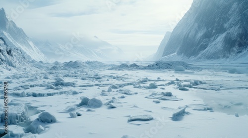 Frozen Extraterrestrial: Ice Snow Alien Planet Landscape Captured on 35mm Film Generative AI