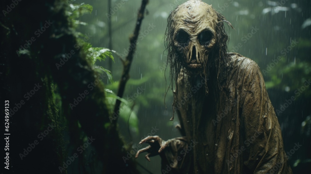 Dark and Scary Demon Creature in the Rainy Jungle of Horror Generative AI Dark and Scary Demon Creature in the Rainy Jungle of Horror Generative AI