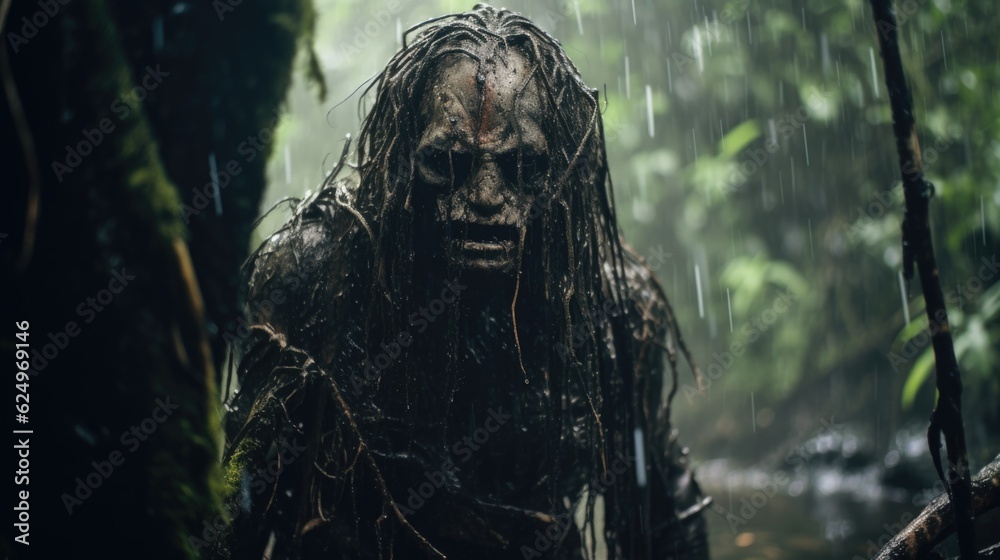Obraz premium Dark and Scary Demon Creature in the Rainy Jungle of Horror Generative AI