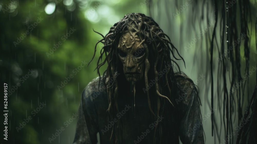 Scary Demon in the Rainy Jungle Evoking Horror Generative AI Scary Demon in the Rainy Jungle Evoking Horror Generative AI