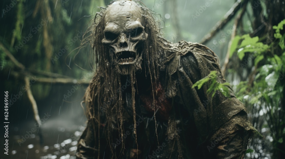 Obraz premium Scary Demon in the Rainy Jungle Evoking Horror Generative AI