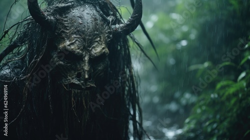 Dark and Scary Demon Creature in the Rainy Jungle of Horror Generative AI