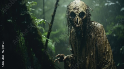 Dark and Scary Demon Creature in the Rainy Jungle of Horror Generative AI