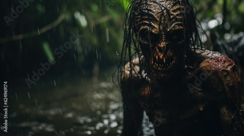 Scary Demon in the Rainy Jungle Evoking Horror Generative AI