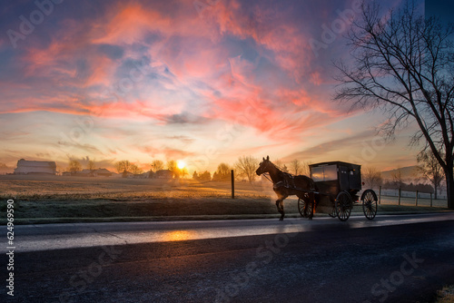 Amish buggy at daybreak with the sun on the horizon.