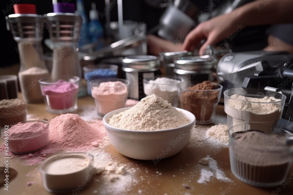 Raw ingredients being processed and transformed into high-quality protein powders, highlighting the manufacturing process. Generative AI Raw ingredients being processed and transformed into high-quality protein powders, highlighting the manufacturing process. Generative AI
