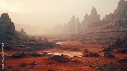 Alien Planet Landscape in Rainy Weather Generative AI © Ecleposs