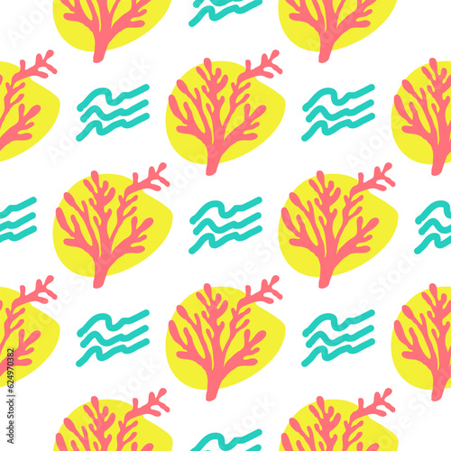 Seamless summer color pattern of abstract shapes.Waves, corals and a yellow spot. Background design, packaging, fabric. Vector illustration...